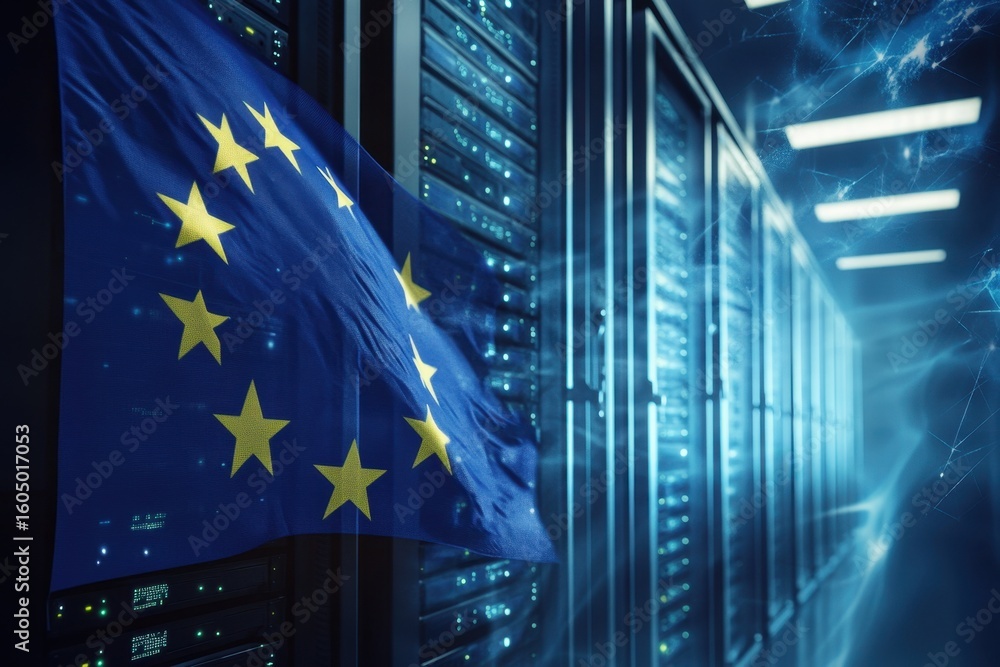 Poster globe and eu flag showcased in a modern server room emphasizing network connectivity and digital inf