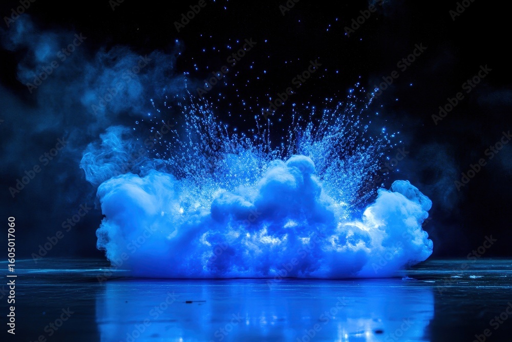 Poster blue explosion effect creating a captivating stream of mist and light during a nighttime demonstrati