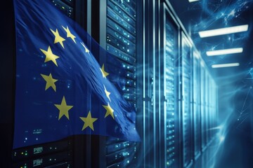 Globe and EU flag showcased in a modern server room emphasizing network connectivity and digital infrastructure, flag of eu and globe over server room