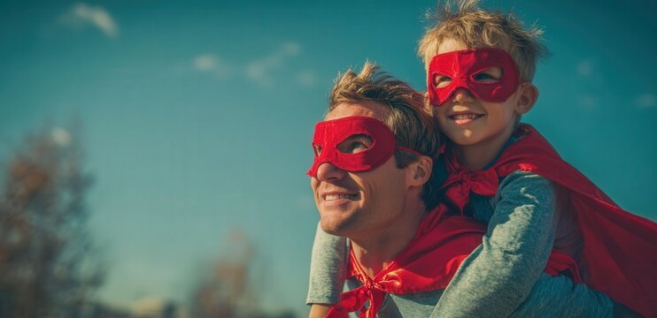 Happy father and son in superhero costumes, with the boy on his dad's shoulders, soaring through the sky in a park or beach, sharing joyful moments together.