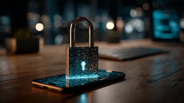 Glowing padlock on server table symbolizing data security