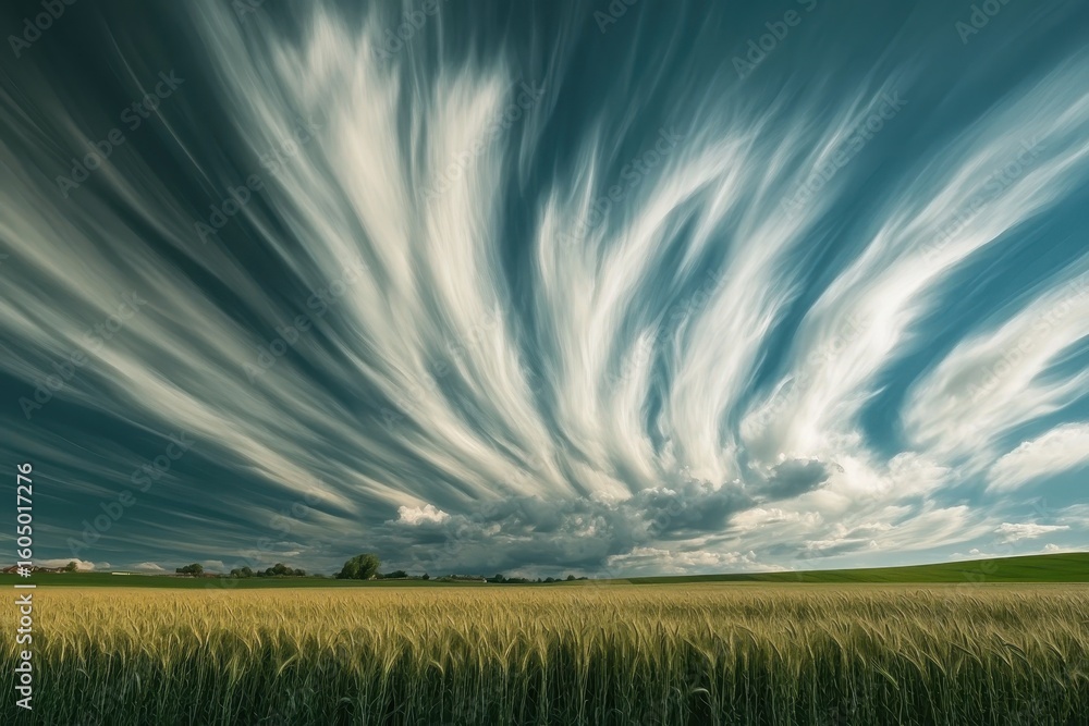 Poster clouds gracefully flow over golden wheat fields in serene landscape timelapse, time-lapse of clouds 