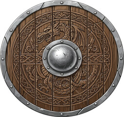 Detailed vector illustration of a Viking shield with wood and metal textures, isolated on a transparent background. Ideal for use in historical designs, game elements, or Nordic-themed branding