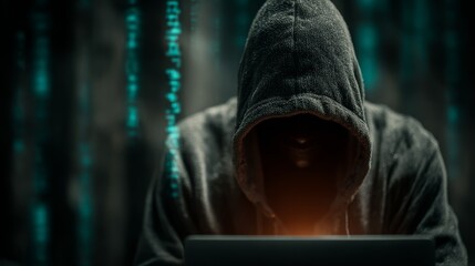 Hooded figure in dark environment with glowing laptop and digital code background