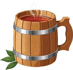 Vector illustration, wooden barrel with beer, drinks, viking style, transparent background