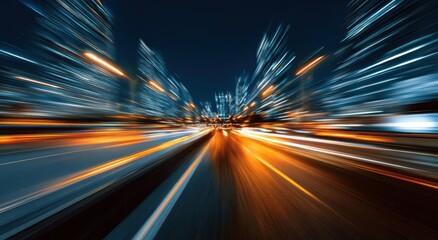 Long-exposure capture of light trails on a highway, showcasing motion-blurred backgrounds and vibrant night city lights, ideal for business concepts and creative designs.