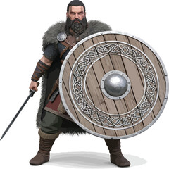 Flat vector design of a male Viking warrior holding a round shield, isolated on transparent background. Ideal for history-themed graphics, games, merchandise, or Norse mythology projects.