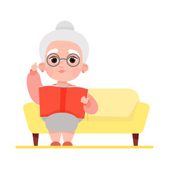 Cute grandma sitting on the sofa with a book