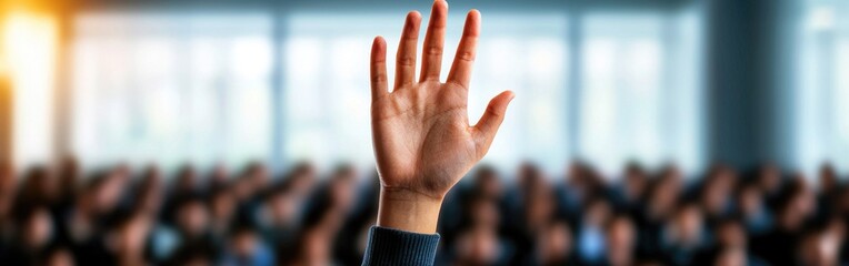 A focused hand raised in a crowd, symbolizing participation and engagement in a discussion or event setting.