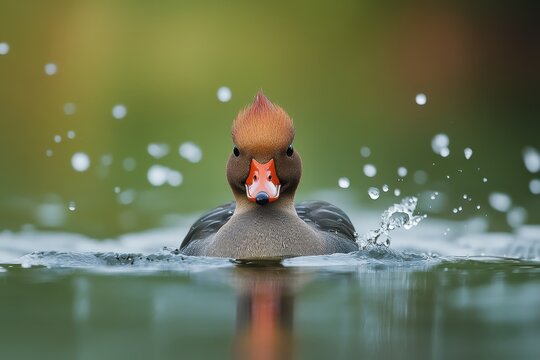 Redcrested pochard swimming gracefully in calm waters with splashes, The red-crested pochard Netta rufina Birds swim on the lake Slow motion - Powered by Adobe