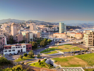 Panoramic aerial view of Savona city center and port, Liguria region, Italy.