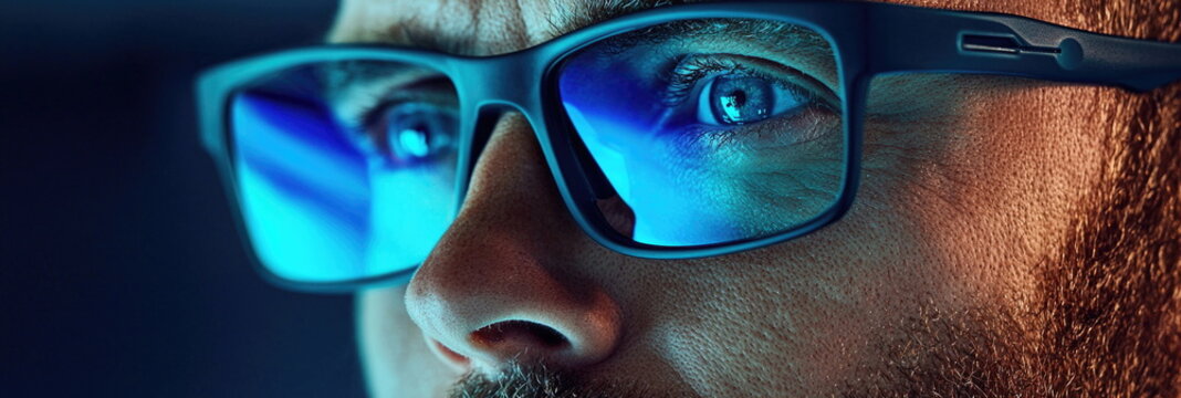 A close-up of a man wearing blue-tinted glasses highlighting intense and focused eyes in a dimly lit environment.