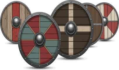 Detailed vector illustration of a Viking shield with wood and metal textures, isolated on a transparent background. Ideal for use in historical designs, game elements, or Nordic-themed branding