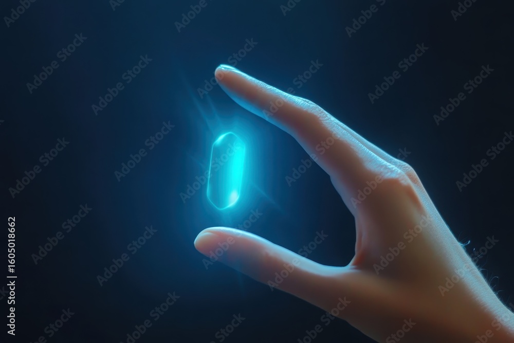 Aufkleber hand interacting with a glowing touchscreen icon against a dark background with alpha channel, hand 