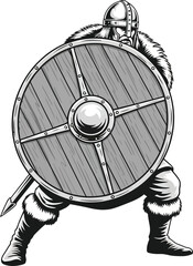 Flat vector design of a male Viking warrior holding a round shield, isolated on transparent background. Ideal for history-themed graphics, games, merchandise, or Norse mythology projects.