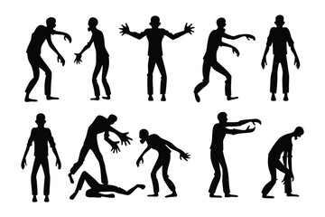 Collection of silhouetted angels in various poses holding swords and shields against a white background