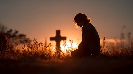 A silhouette of a woman sitting on the grass, praying in front of a cross as the sunset casts a golden glow on the scene.