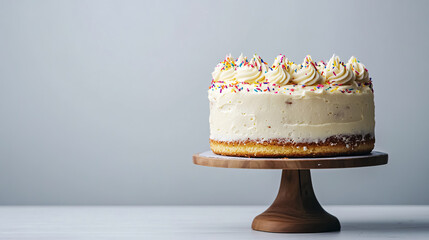 A leftover birthday cake, adorned with buttercream, sits on a stand against a white background with empty space.