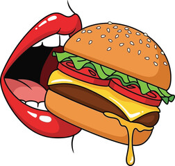 Vector Illustration of People Eating Hamburger – Fast Food, Transparent Background