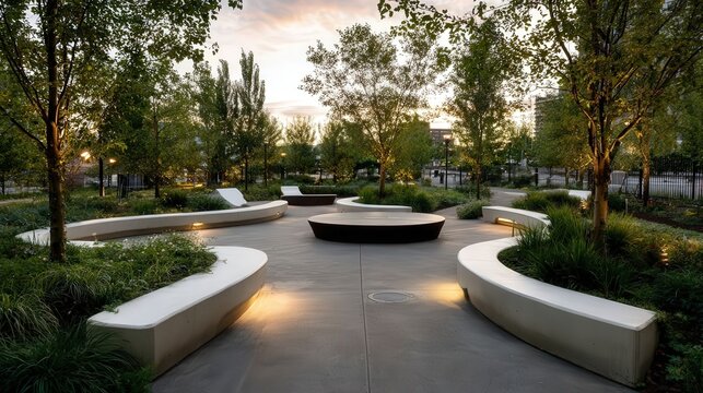 Modern urban park at sunset, featuring winding paths, seating areas, lush greenery, and ambient lighting that create a tranquil, sophisticated outdoor space for relaxation.