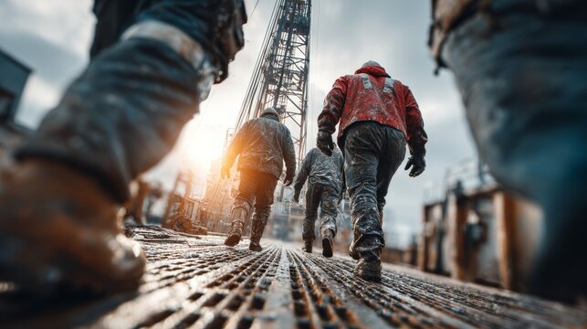 Oil rig workers walking on a drilling platform in muddy uniforms