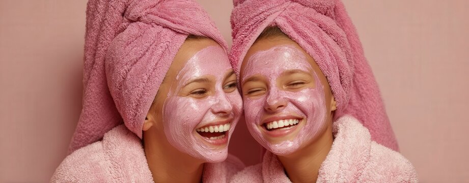 Mother and daughter in a spa salon, wearing facial masks and pink towels on their heads, sharing a joyful moment and laughing together.