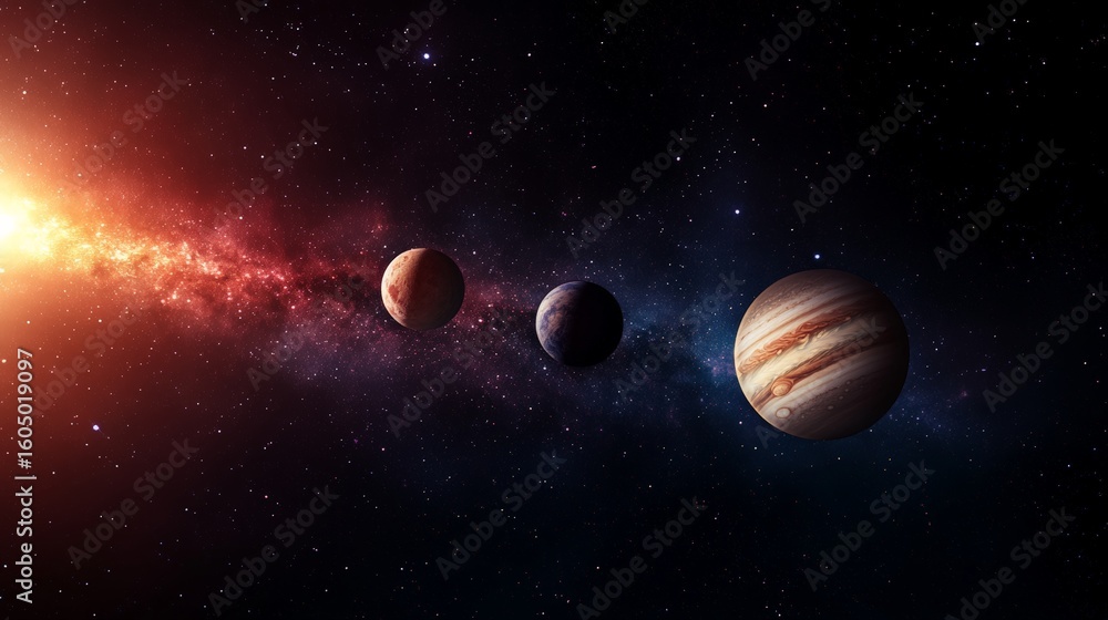 Poster planets are aligning in deep space with jupiter, mars, and neptune visible against a backdrop of a c