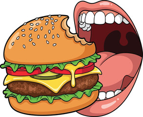 Vector Illustration of People Eating Hamburger – Fast Food, Transparent Background