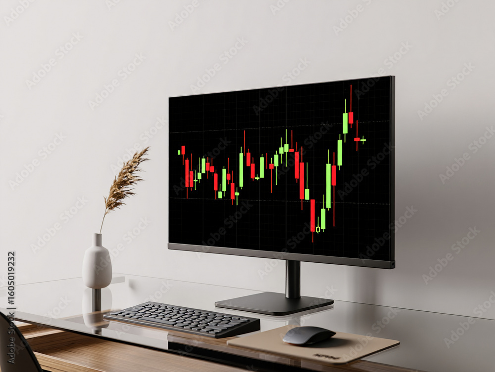 Poster computer monitor displaying a stock market trading chart with candlesticks