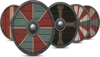 Detailed vector illustration of a Viking shield with wood and metal textures, isolated on a transparent background. Ideal for use in historical designs, game elements, or Nordic-themed branding
