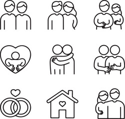 Family and Love Line Icons &ndash; Couples, Parenting, and Relationship Symbols