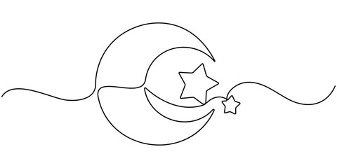 Continuous one line drawing of Star and Crescent moon. Single line drawing illustration of Islamic symbol. Ramadan kareem concept vector art. Doodle line illustration. 