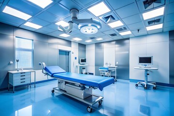 Modern operating room with surgical bed and medical equipment