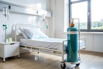 Empty hospital room with medical equipment and large oxygen tank