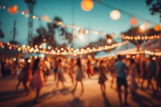 Outdoor music festival with dancing crowds under string lights, showcasing colorful evening attire. Perfect backdrop for events or parties. Vintage filter enhances the atmosphere.