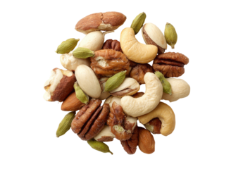 Assorted nuts and seeds, a top-down close-up view of a mix of nuts including pecans, cashews, almonds, walnuts, and pistachios, with some green cardamom pods interspersed