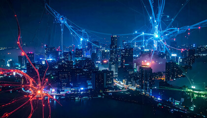 Dynamic movement and superposition of translucent electronic threads on an futuristic urban background, evoking the complexity of blockchain and the electrical activity of signal and data flow