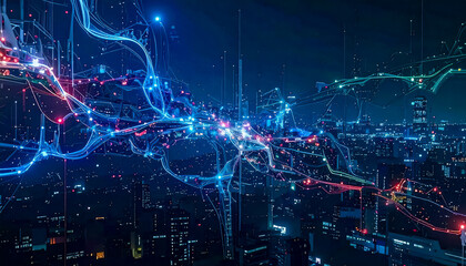 Dynamic movement and superposition of translucent electronic threads on an futuristic urban background, evoking the complexity of blockchain and the electrical activity of signal and data flow