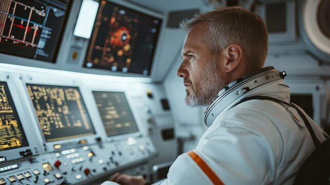 Male astronaut wearing spacesuit is sitting in spacecraft control room and monitoring data displayed on multiple screens, analyzing telemetry and navigation information during space mission