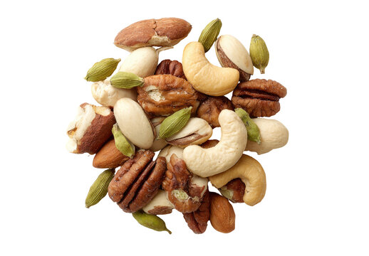 Assorted nuts and seeds, a top-down close-up view of a mix of nuts including pecans, cashews, almonds, walnuts, and pistachios, with some green cardamom pods interspersed