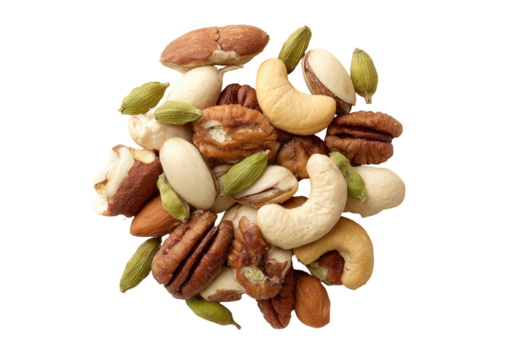 Assorted nuts and seeds, a top-down close-up view of a mix of nuts including pecans, cashews, almonds, walnuts, and pistachios, with some green cardamom pods interspersed