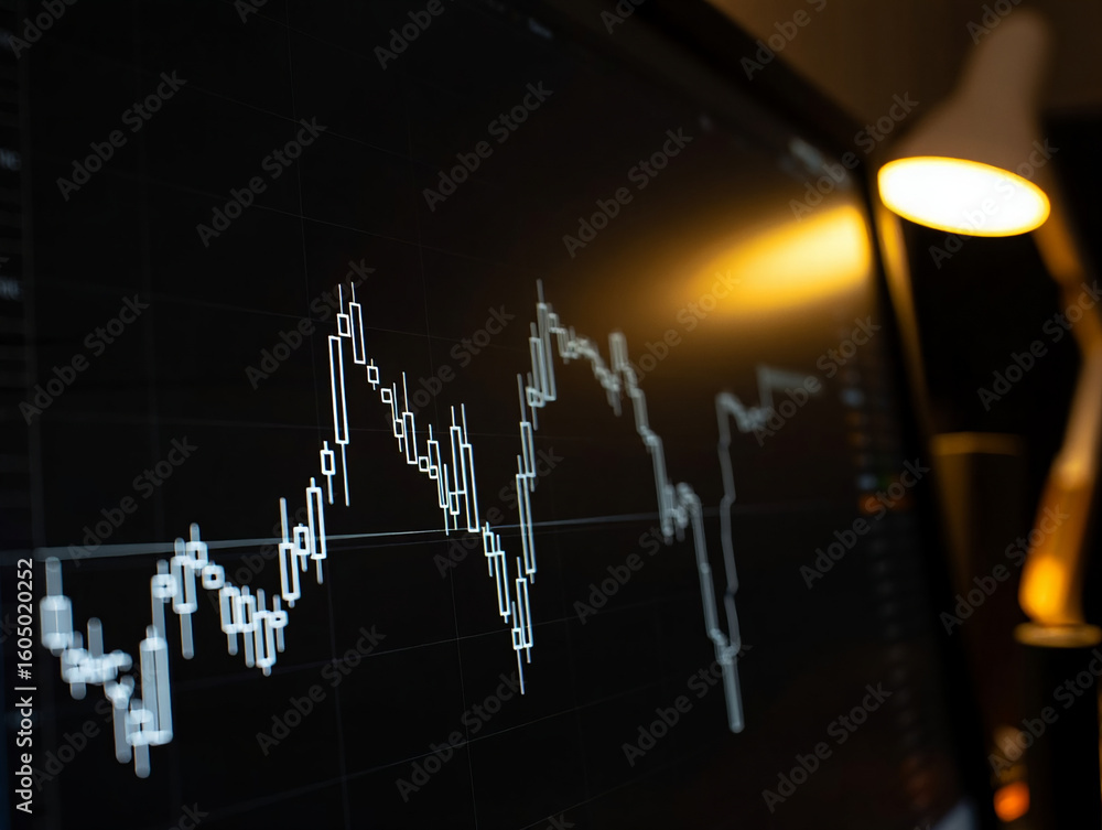 Poster candlestick stock market chart displayed on a computer screen with a lamp