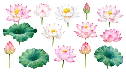 Collection of lotus flowers and leaves