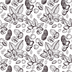 Seamless vector pattern of nuts, pistachios, walnuts, peanuts, hazelnuts, tree leaves. All objects are hand-drawn with ink. The illustration is suitable for printing on product packaging, decor.