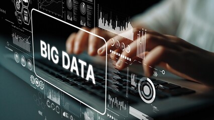 Hands Typing on Keyboard with Big Data Concept Graphics and Digital Interface Elements for Data...