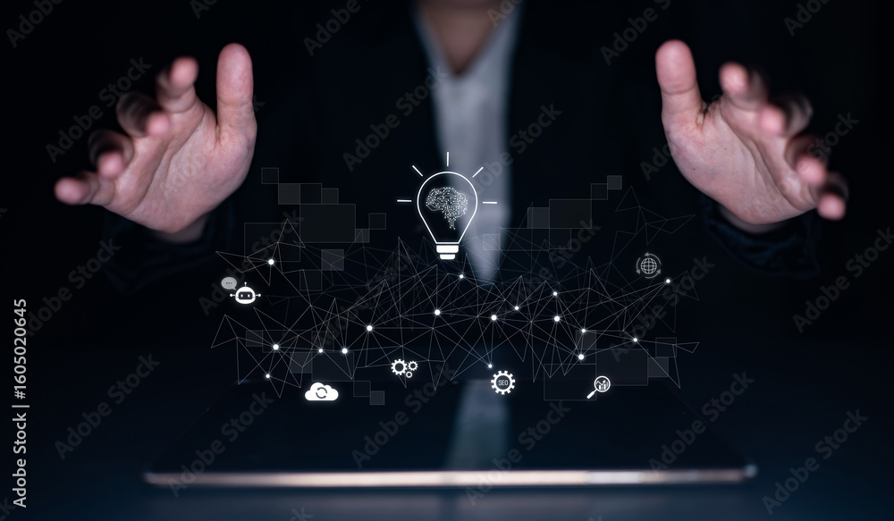 Poster ai innovation with neural network and digital transformation. ai innovation drives automation, power