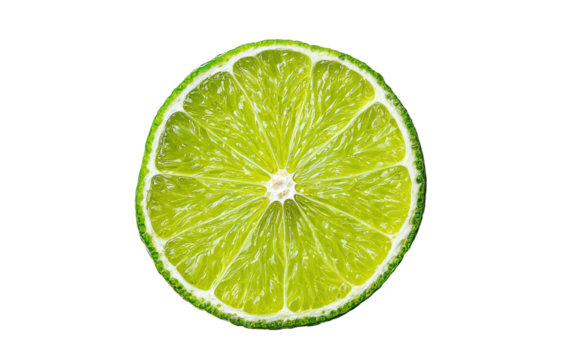 Close-up of a lime slice, vibrant green, circular, with a distinct segmented interior and a central pith