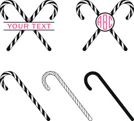 Candy Cane Silhouette, Candy Cane SVG Cutting File, crossed candy canes, Christmas peppermint candy cane with stripes flat vector icon