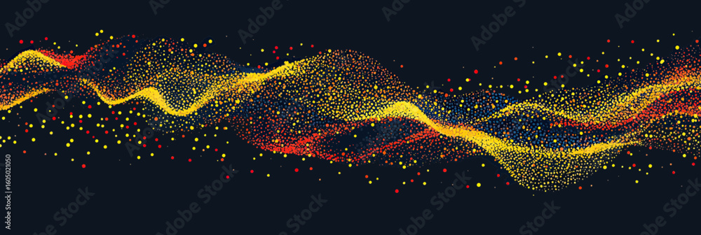 Poster abstract flowing wave of yellow and red particles on dark background, dynamic particle stream with f