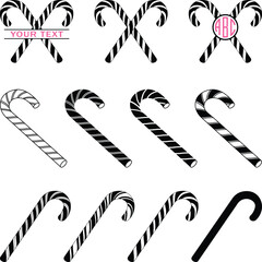 Candy Cane Silhouette, Candy Cane SVG Cutting File, crossed candy canes, Christmas peppermint candy cane with stripes flat vector icon